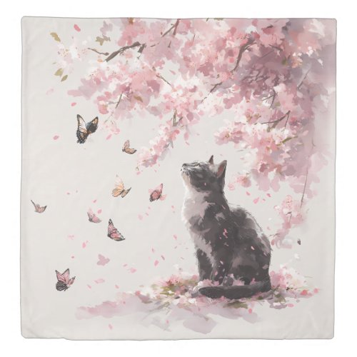 Cherry Blossom Cat and Butterflies (9) Duvet Cover