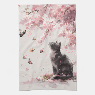 Cherry Blossom Cat and Butterflies (9) Kitchen Towel