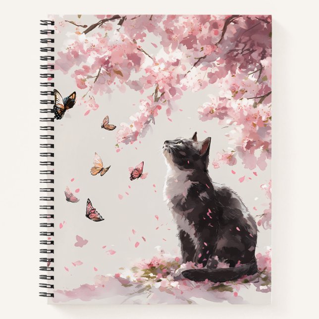 Cherry Blossom Cat and Butterflies (9) Notebook (Front)