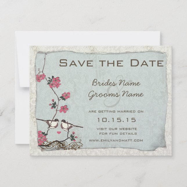 Cherry Blossom Chickadee Damask Save the Date Invitation (Front)