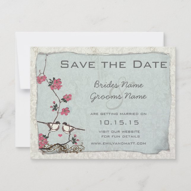 Cherry Blossom Chickadee Damask Save the Date Invitation (Front)