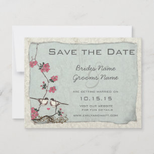 Cherry Blossom Chickadee Damask Save the Date Invitation