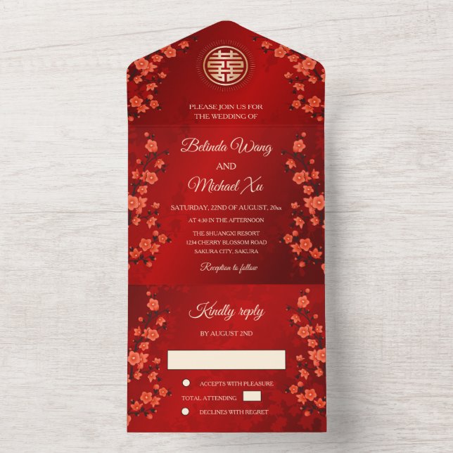 Cherry Blossom Chinese Wedding All In One Invitation (Inside)