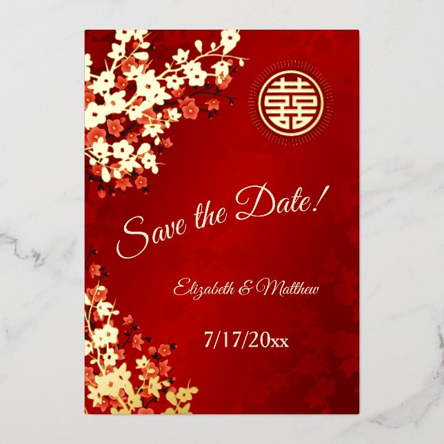 Cherry Blossom Chinese Wedding Save The Date Foil Invitation (Front)