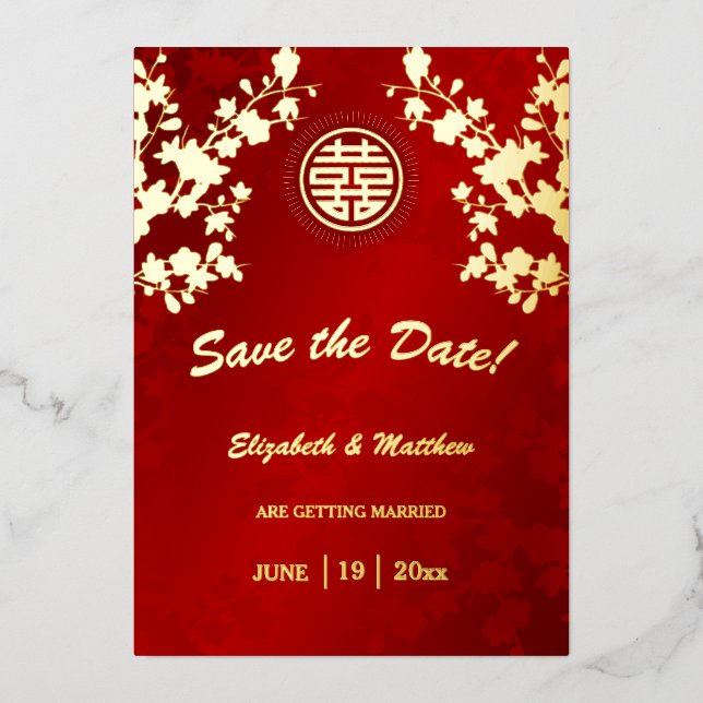 Cherry Blossom Chinese Wedding Save The Date Foil Invitation (Front)