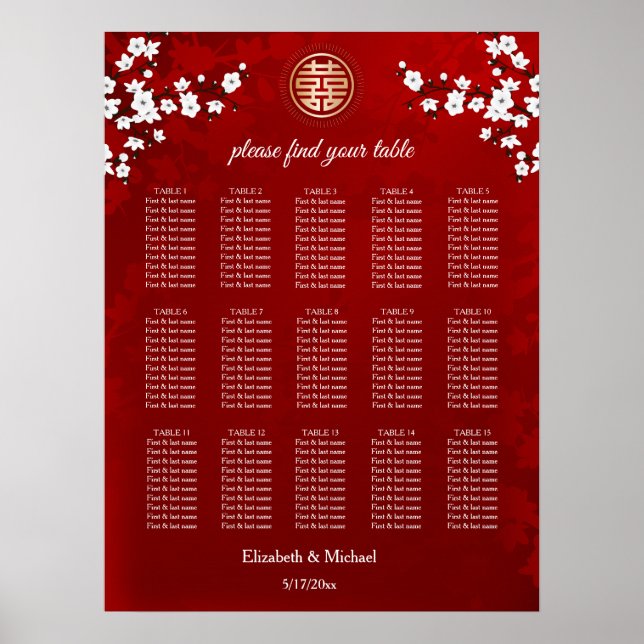 Cherry Blossom Chinese Wedding Seating Chart (Front)