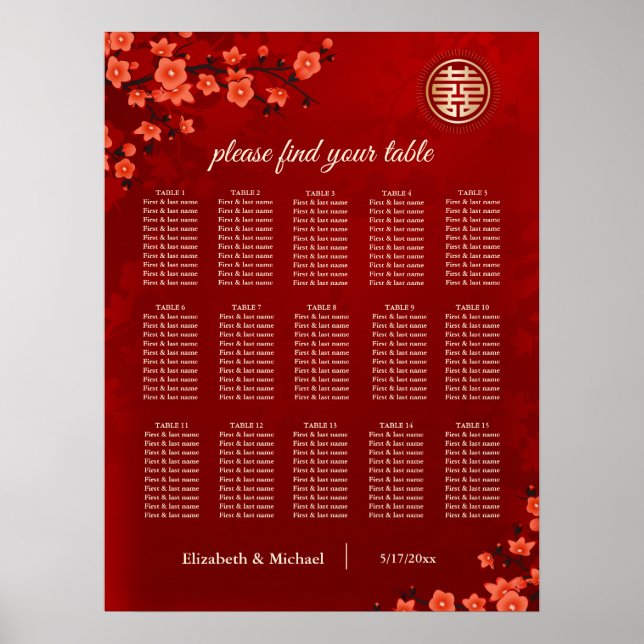 Cherry Blossom Chinese Wedding Seating Chart (Front)