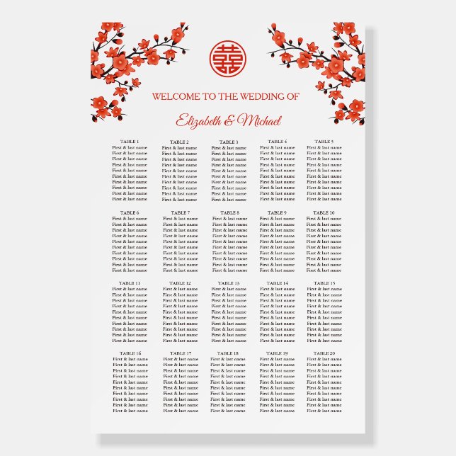 Cherry Blossom Chinese Wedding Seating Chart Foam Board (Front)
