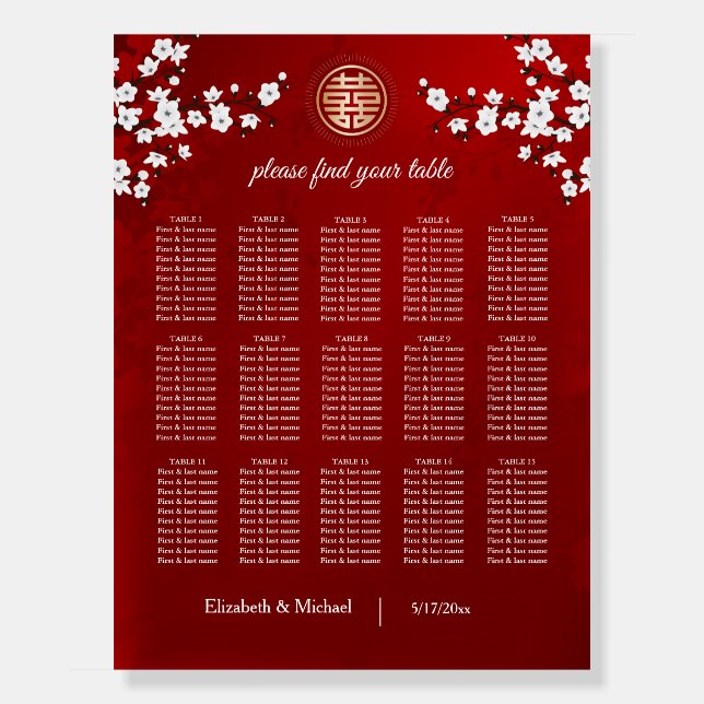 Cherry Blossom Chinese Wedding Seating Chart Foam Board (Front)