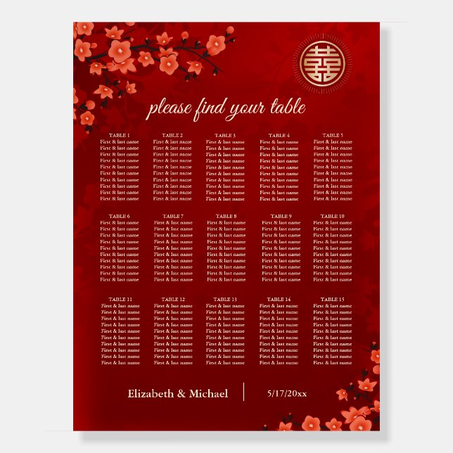 Cherry Blossom Chinese Wedding Seating Chart Foam Board (Front)
