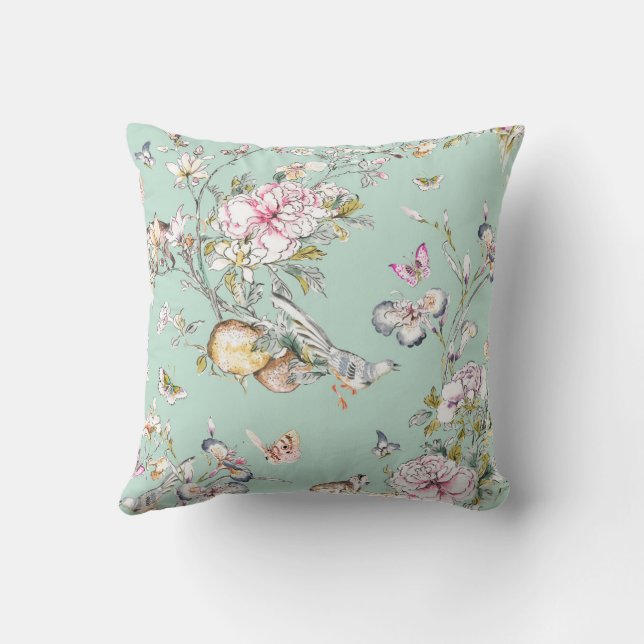 Cherry Blossom Chinoiserie on Aqua Background Throw Pillow (Back)