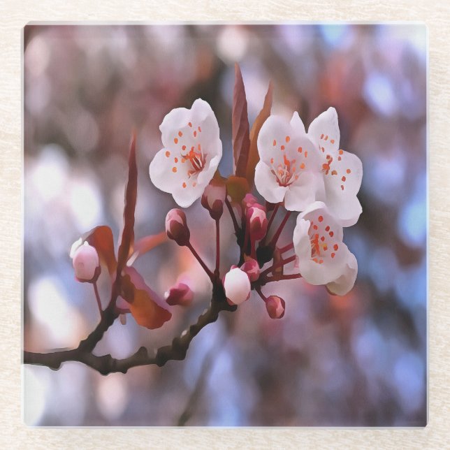 Cherry Blossom Cluster With A Pink and Blue  Glass Coaster (Front)