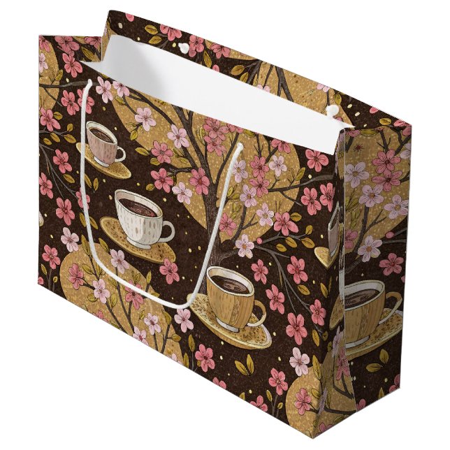 Cherry Blossom Coffee Cozy Pattern (8) Large Gift Bag (Front Angled)