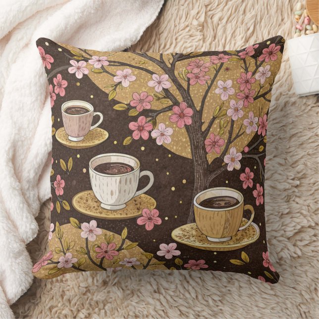 Cherry Blossom Coffee Cozy Pattern (8) Throw Pillow (Blanket)