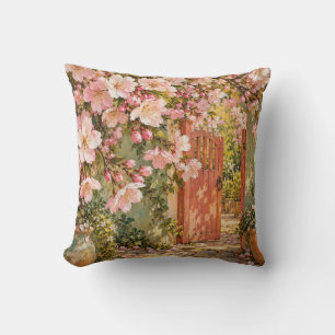Cherry Blossom Coral Gate Sunlit Cottage Garden Throw Pillow
