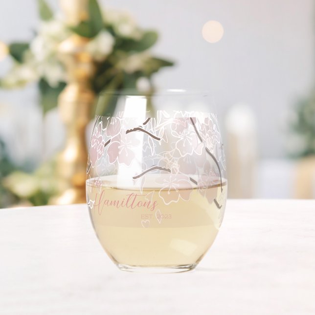 Cherry Blossom Custom Established Year Stemless Wine Glass | Zazzle