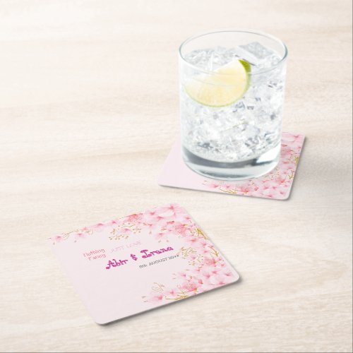 Cherry Blossom Custom Pink Personalized Elegant Square Paper Coaster