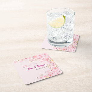 Cherry Blossom Custom Pink Personalized Elegant Square Paper Coaster