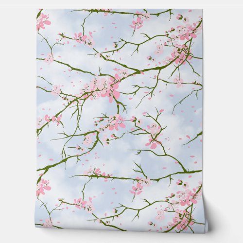 Cherry Blossom Custom Sakura Sky Blue Custom Wallpaper