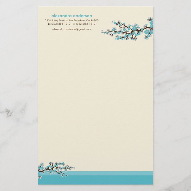 Cherry Blossom Custom Stationery (aqua) (Front)
