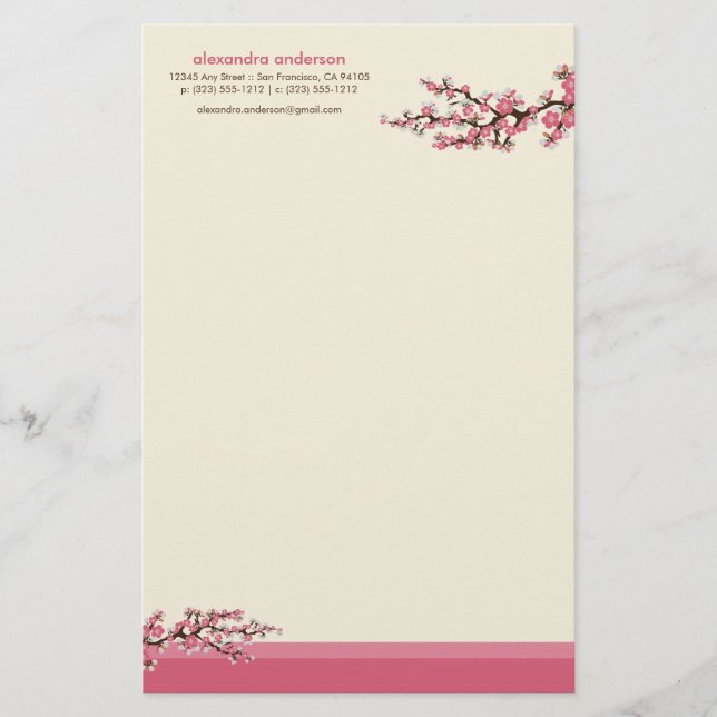 Cherry Blossom Custom Stationery (pink) (Front)