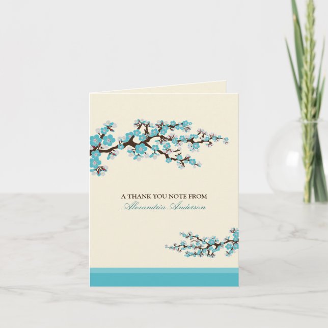 Cherry Blossom Custom Thank You Card (aqua) (Front)