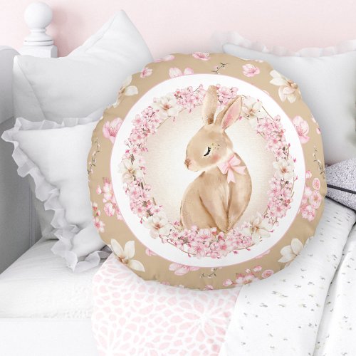 Cherry Blossom Cute Bunny Pink Beige Nursery Round Pillow