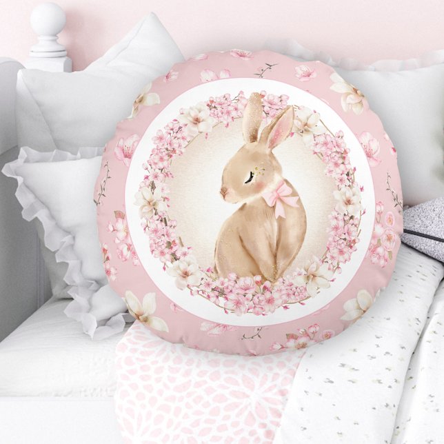 Cherry Blossom Cute Bunny Pink Nursery Round Pillow (Cherry Blossom Cute Bunny Pink Nursery Round Pillow)