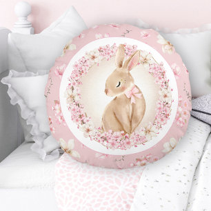 Cherry Blossom Cute Bunny Pink Nursery Round Pillow