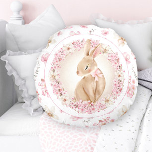 Cherry Blossom Cute Bunny White Pink Nursery Round Pillow