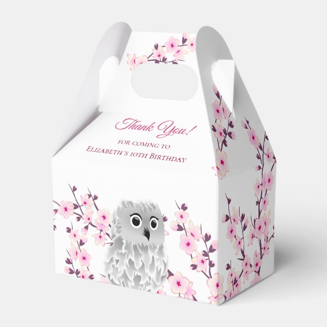 Cherry Blossom Cute Owl | Custom Kids Birthday Favor Boxes (Front Side)