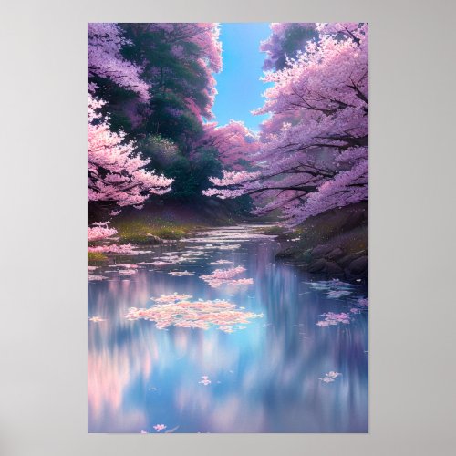 Cherry Blossom Delight River Covered in Petals Poster