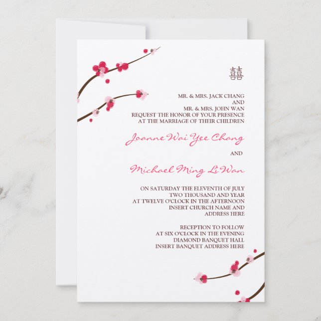 Cherry Blossom Double Happiness Invitation (Front)
