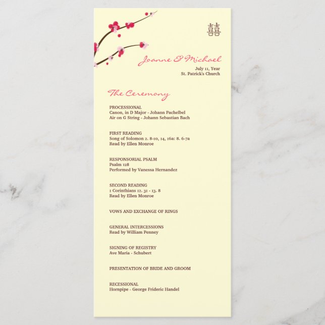 Cherry Blossom Double Happiness Wedding Program (Front)