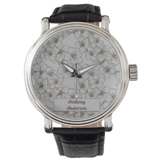 Cherry Blossom Drawing, Brown on Grey Watch