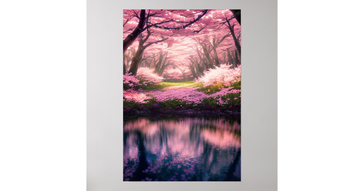 Cherry Blossom Dreamscape by the River Poster | Zazzle