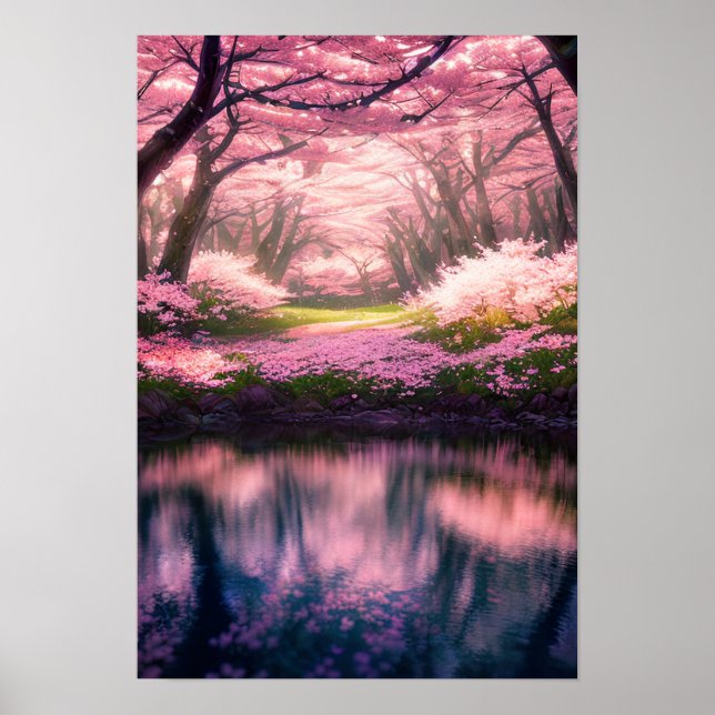 Cherry Blossom Dreamscape by the River Poster (Front)