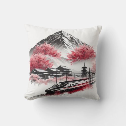 Cherry Blossom Dreamscape Train Throw Pillow