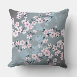 Cherry Blossom Dusky Pink Grayish Blue Floral Throw Pillow