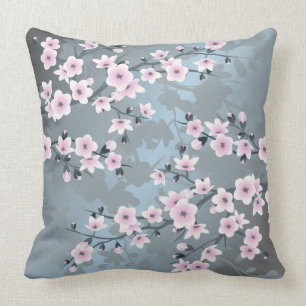 Cherry Blossom Dusky Pink Grayish Blue Floral Throw Pillow