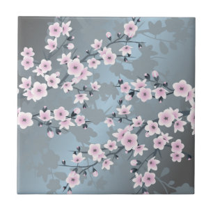 Cherry Blossom Dusky Pink Slate Blue Floral Ceramic Tile