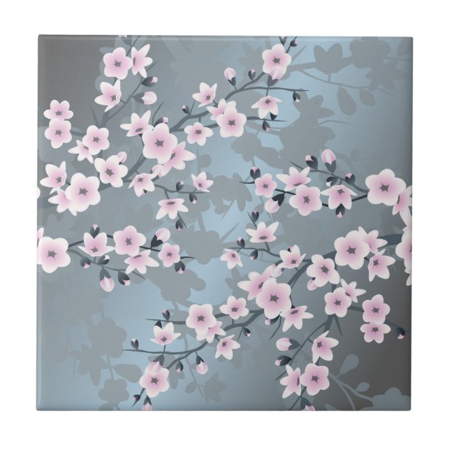 Cherry Blossom Dusky Pink Slate Blue Floral Ceramic Tile (Front)