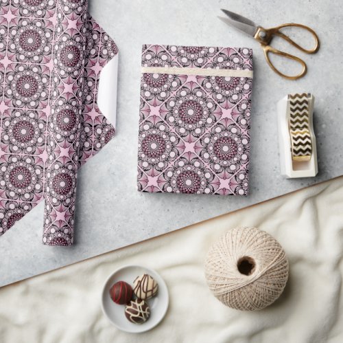 Cherry Blossom Dusky Rose Dot Mandala Diamond Tile Wrapping Paper