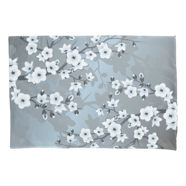 Cherry Blossom | Dusty Blue Floral Pillow Case (Front)