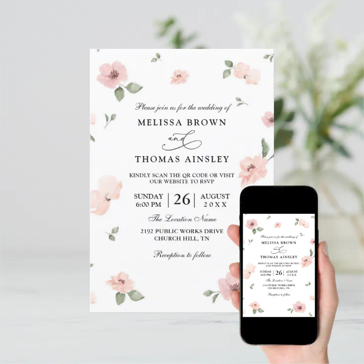 Cherry Blossom Elegant Budget QR Code Wedding Invitation | Zazzle