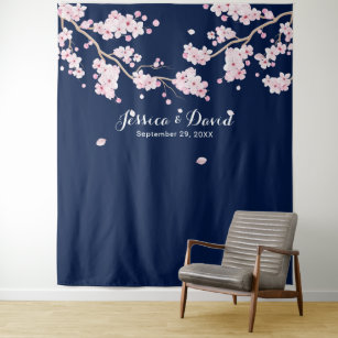 Cherry Blossom Elegant Floral Navy Blue Backdrops
