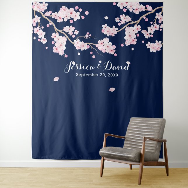 Cherry Blossom Elegant Floral Navy Blue Backdrops (In Situ)