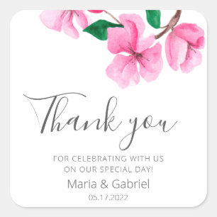 Cherry Blossom. Elegant floral Wedding Thank You Square Sticker