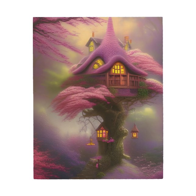 Cherry Blossom Fairy House Fantasy  Wood Wall Art (Front)