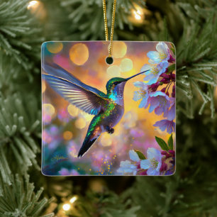 Cherry Blossom Fantasy Hummingbird Ceramic Ornament